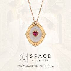 Pırlanta Yakut Taşlı ' Verona'nın Kalbi ' Tasarım 14 Ayar Altın Kolye